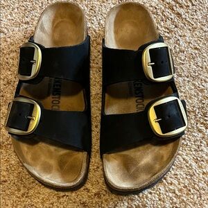 Birkenstock Big Buckle Arizona Sandals with Gold Buckles - size 38 Black Great!